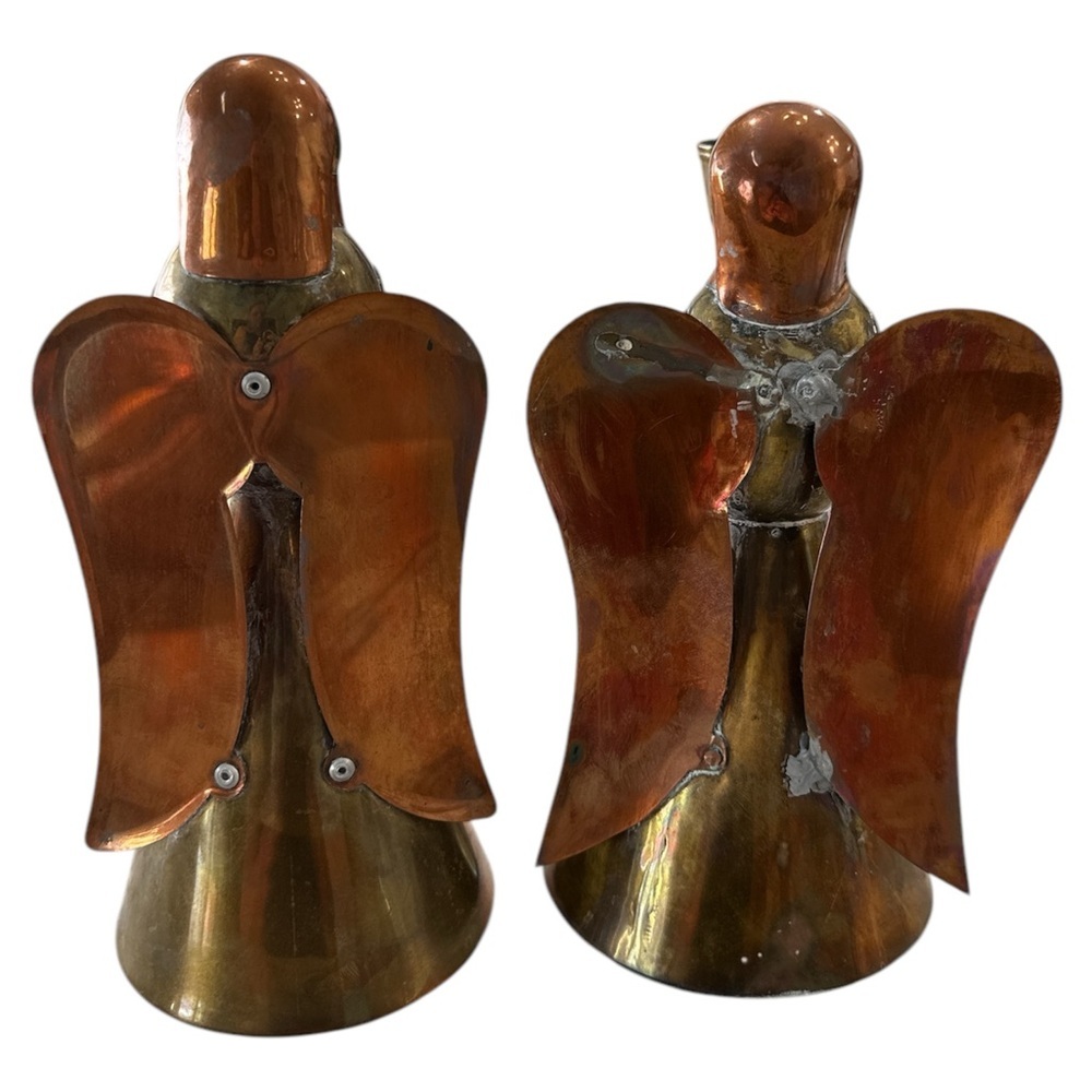 9" Pair Vintage Brass & Copper Angel Candleholders MCM Art Deco Christmas - Picture 3 of 11